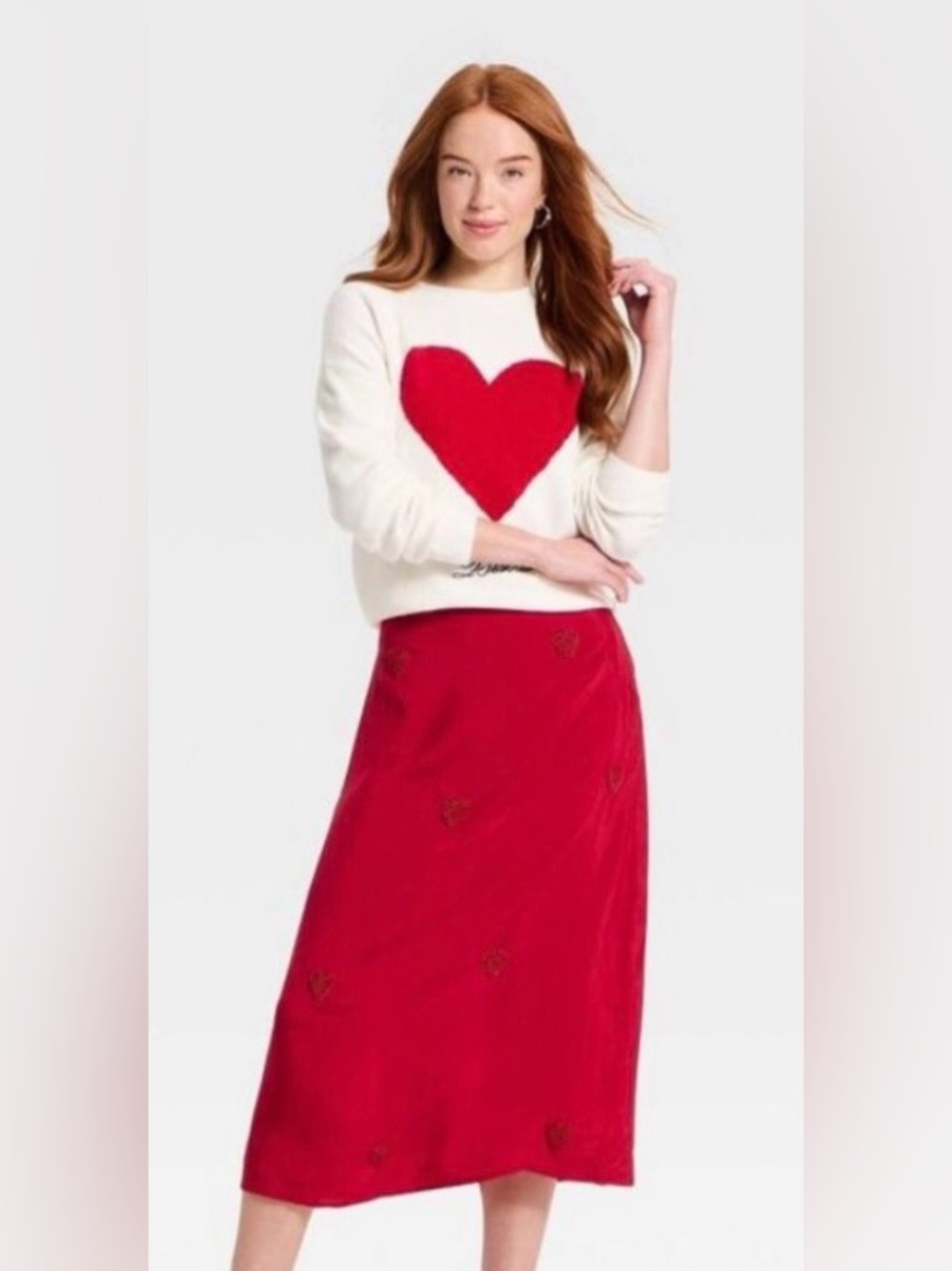 a new day Red Midi Skirt with beaded Heart Embroidery